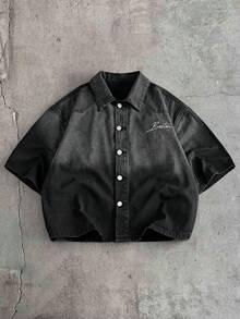 AXEPEAK Men's Black & Grey Vintage Gradient Short Sleeve Denim Shirt - Black - View 2