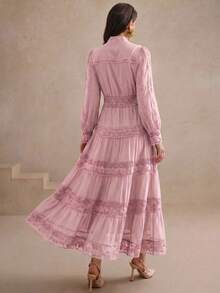 Anewsta Vintage V-Neck Lace Patchwork Waist Cinched Long Sleeve Flared Dress, Slimming Elegant High-End - Pink - View 6