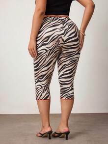 Enliva Plus Size Women Zebra Print Capris, Multi-Color Knitted Fabric, Textured Pattern, High Elasticity, Tummy Control, Casual Patchwork Red Lace Bow - Multicolor - View 3
