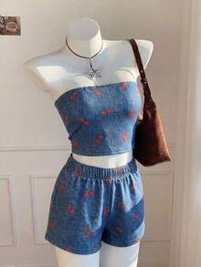 Comfortcana Setelan 2 potong kasual minimalis biru efek mekanik & motif ceri merah, atasan crop top dan celana pendek, gaya serbaguna cocok untuk musim semi/panas, liburan, dan acara santai. - MultiWarna - View 4