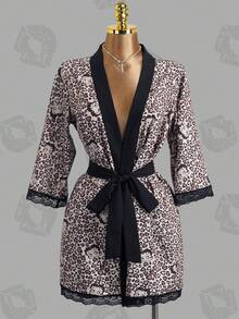 Betty Boop x SHEIN Women's Leopard Print Contrast Lace Long Sleeve Sleepwear Robe, - Brown - View 2