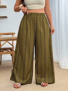 Enliva Plus Size Loose Printed Vintage Bohemian Style Vacation Wide-Leg Pants With Pockets And Elastic Waistband - Green - View 5