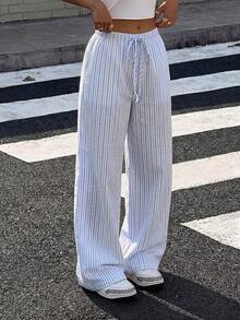 Firerie Women's Casual Comfortable Fashion Drawstring Waist Pocket Striped Elastic Pants, Versatile For Home, Outdoor And Back To School - Blue and White - View 8