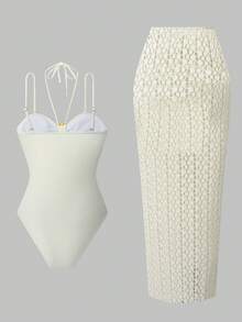 Swim Oasis 2件組純色掛脖設計連身泳衣套裝 女款 白色 夏季 優雅性感 適合海灘派對 - 杏色 - 查看 2