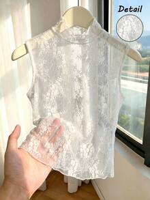SHEIN Franclia 白色蕾絲網眼無袖高領上衣，透視層疊式細肩帶背心 - 白色 - 查看 1