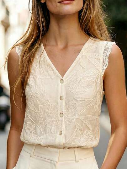 SHEIN 1 pieza Blusa elegante francesa de encaje blanco bordado con escote en V sin mangas, bordado floral delicado con diseño de botones de concha, tela ligera con ambiente difuso, corte de manga con vuelo es suave y favorecedor, adecuado para usar solo o en capas, una pieza versátil para el estilo suave de primavera/verano