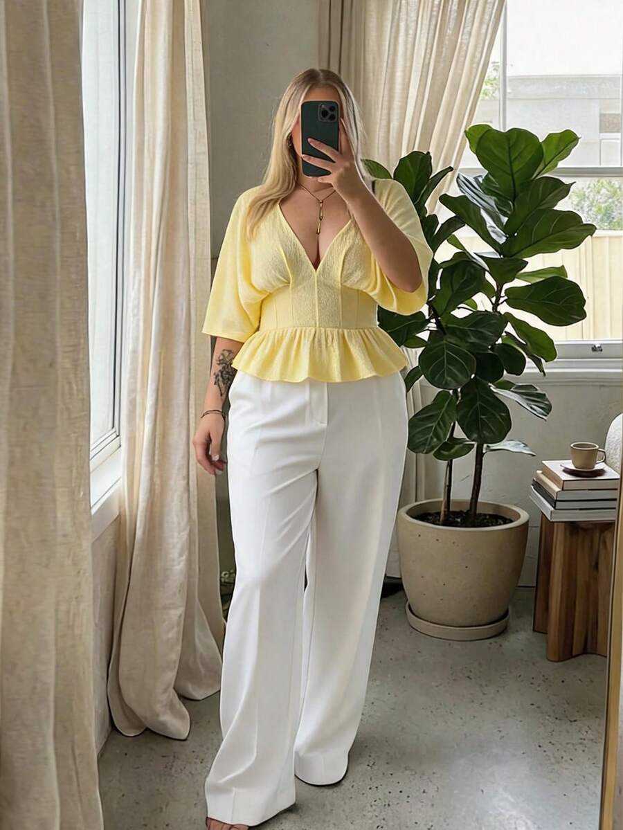 Auralis Navy Blue Faux Denim Deep V Pleated Wrap Bust Plus Size Short Sleeve Blouse/Elegant Commute Office Wear Top/Elastic Ruched Waist Ruffle Hem Blouse