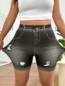 SHEIN Frenchy Quần legging màu xanh dương cỡ lớn dành cho nữ, trang phục thường ngày thời trang, chất liệu co giãn thoải mái. - Xám - Xem 1