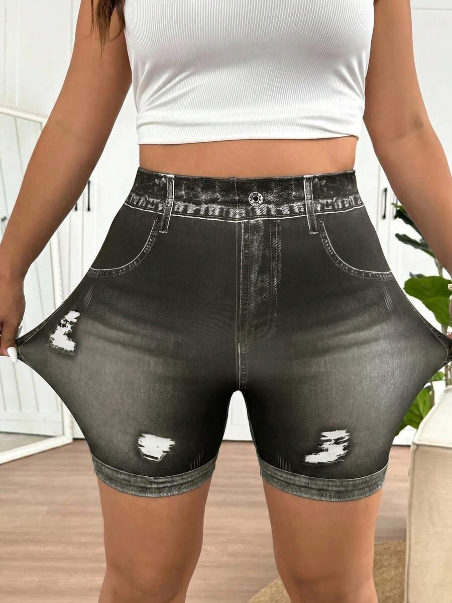 SHEIN Frenchy Quần legging màu xanh dương cỡ lớn dành cho nữ, trang phục thường ngày thời trang, chất liệu co giãn thoải mái. - Xám - Xem 1