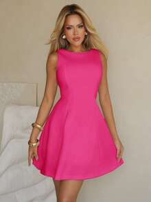 Sandy Gomes Women Solid Color A-Line Elegant Sleeveless Waist Cinched Dress Party - Hot Pink - View 6