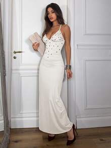 Ronhire Vestido ajustado elegante de unicolor con decoración de pedrería para mujer, fiesta de verano - Albaricoque - Ver 6