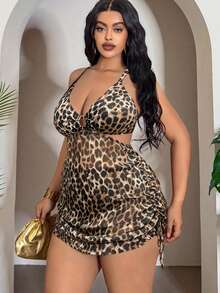 Slaydiva Bộ 2 món bikini tam giác nữ size lớn, họa tiết da báo đa màu ngẫu nhiên, phong cách thời trang casual đi chơi và mặc hàng ngày, thiết kế lưới xuyên thấu khoét lỗ vòng, dây rút nơ, quai dày điều chỉnh được, cạp cao - Nhiều màu - Xem 4