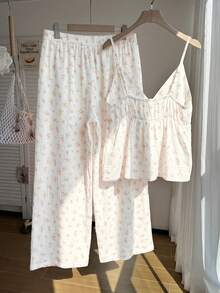 Comfortcana Plus Size 2pcs Set: Pink Contrast Floral V-Neck Ruffle Camisole And Shorts, Casual For Spring/Summer - White - View 2