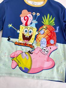 SpongeBob SquarePants | SHEIN 青少年男孩卡通印花短袖上衣和裤子睡衣套装 - 藍色 - 查看 4