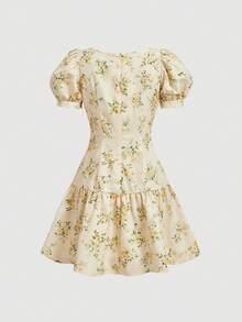 Skyraze Women's Floral Pattern Short Puff Sleeve Casual Mini Dress Brunch Party Beige Summer - Yellow - View 4