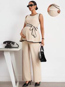 MaterniWear Khaki Color-Blocked Black Piping Waistband Vest And Pants Set With Adjustable Elastic Waistband, Perfect For Summer Commuting And Maternity Use. - Khaki - View 2