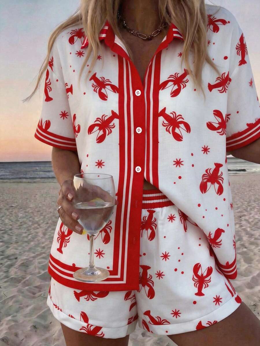 Vaclyn 女士龙虾印花短袖衬衫和短裤休闲套装 - 紅色 - 查看 1