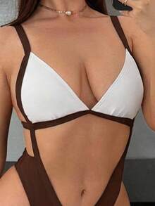 Swim SXY 1件女款優雅復古性感鏤空黑白拼接連身泳衣，適合海灘、泳池派對與度假 - 棕色 - 查看 4