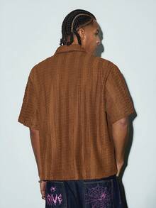 Modcrash Men's & Teenage Boys' Textured Short Sleeve Shirt, Boxy Cut Loose Casual Top, Versatile Summer Shirt - Coffee Brown - View 2
