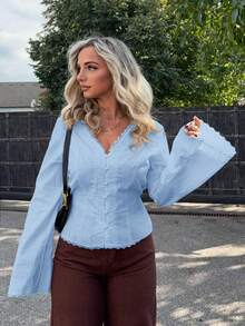 Jeta Ari Kemeja Kasual Wanita Model Slim Fit dengan Kerah V dan Detail Renda Kontras, Musim Semi/Gugur - Baby Blue - View 6
