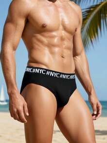 Naviga Onda Men's Letter Print Swim Briefs, Suitable For Beach, Travel, Swimming Pool, Holiday - Black - View 3