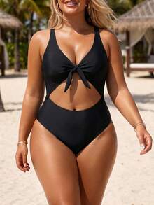 Swim Lushoire Plus Size Women One-Piece Solid Color Twist Front Hollow Out Slimming Tummy Control Swimsuit, Suitable For Vacation & Party - Black - View 4