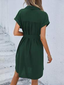 Wandoria Women's Solid Color Button Tie-Up Fashion Holiday Dress - Dark Green - View 2