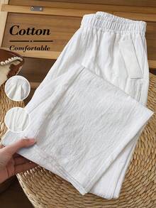 SHEIN PETITE CURVE 大码女式纹理度假口袋休闲裤，百搭 - 白色 - 查看 8