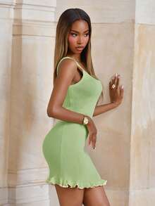 Mima John Women's Fashionable Elegant Casual Minimalist Commuting Daily Wear Pale Yellow Solid Color Ruffle Trim Striped Square Neck Sleeveless Slip Dress, Spring/Summer - Light Green - View 3