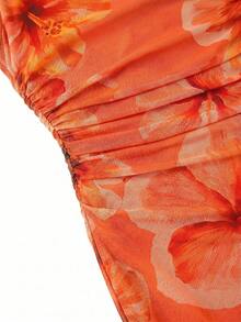 Ellevyn Women's Floral Print Pleated Elegant Waist-Defining Party Dress - Burnt Orange - View 5
