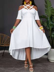 Reflora Plus Size Casual Solid Color Open Shoulder Asymmetric Hem Dress - Multicolor - View 2