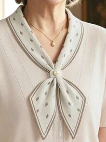 SHEIN Middle-Aged & Elderly Women Beige Ribbon Decor Short Sleeve Knit Top - Apricot - View 4