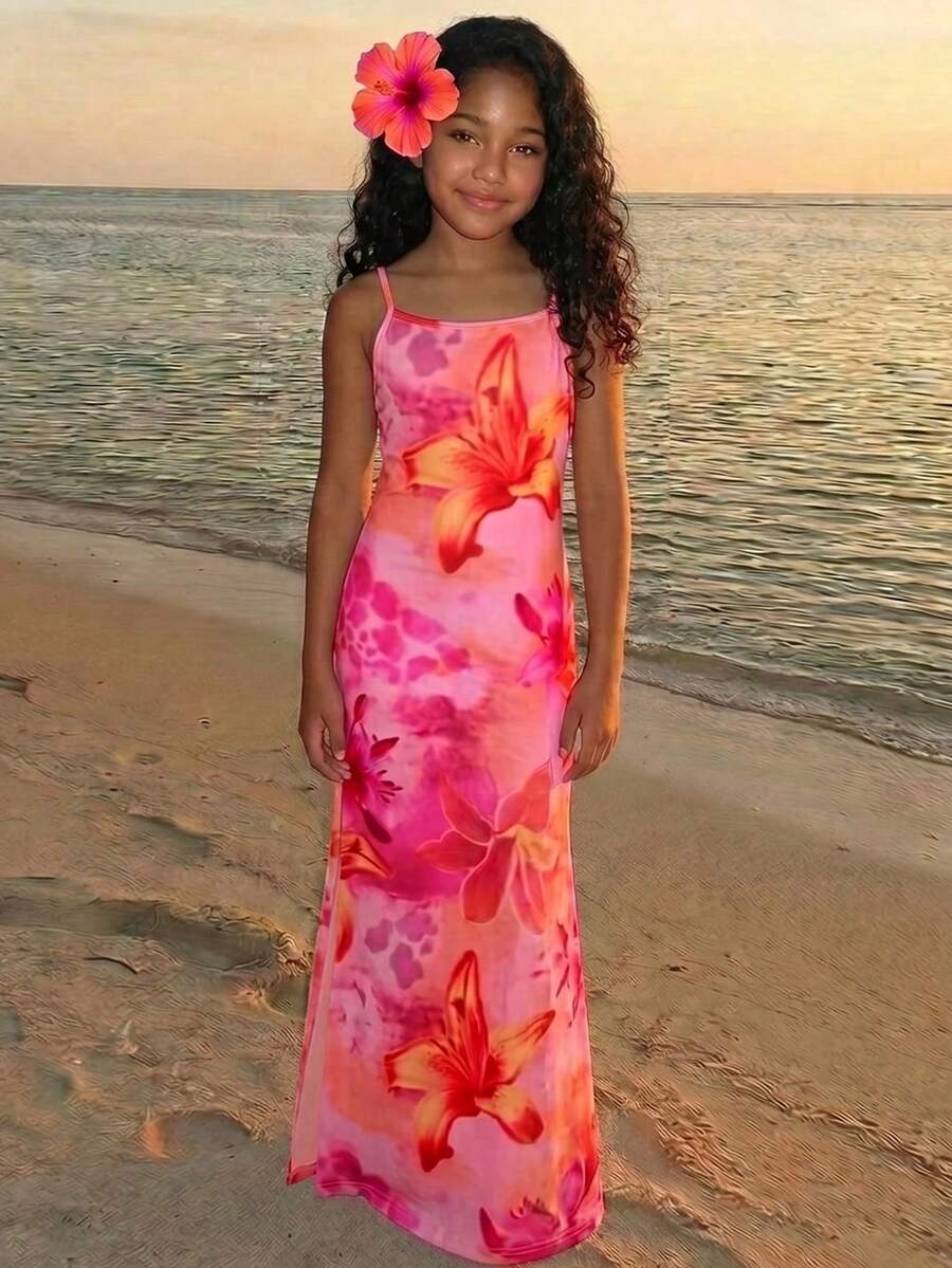 Travachic KIDS 少女夏季度假沙滩印花开衩吊带连衣裙 - 彩色 - 查看 1