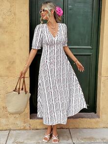 SHEIN PariChic Women's Summer Vacation All-Over Print Overlap Collar Short Sleeve Dress White Floral Boho - White - View 1