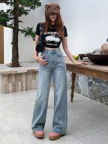 DAZY Women's High Waist Pockets Loose Wide Leg Jeans - Blue - View 4