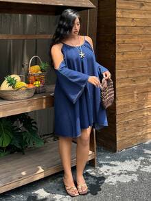 Breezaya Gaun Denim Kasual Tanpa Bahu Ukuran Plus - Biru - View 4