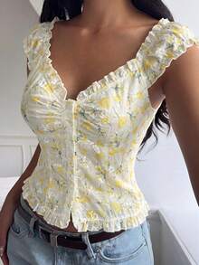 CovetEZ Women's Casual Yellow Floral Ruffle Trim Single-Breasted Shirt,Summer Top - Yellow - View 6