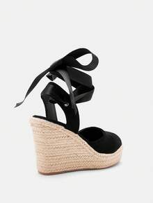 Glitzique Women Minimalist Tie Leg Design Espadrille Strappy Court Wedges, Vacation Outdoor Faux Suede Wedge Shoes - Black - View 6