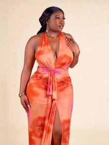 CurvyTilda Plus Size Women Elegant Long V-Neck Knit Dress, 4th Of July Curve,Wedding Guest Dress Women,Back To School Girls Clothes,Floral Dress Party Summer - Orange - View 4