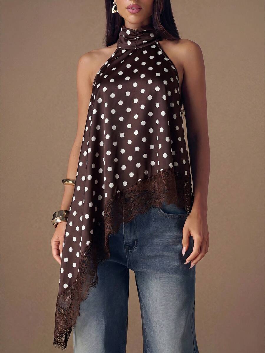 SHEIN BAE Áo thời trang nữ đa năng họa tiết chấm bi, phối ren, vạt áo bất đối xứng, cổ yếm - Cà phê nâu - Xem 1
