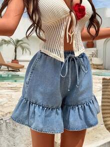 Sunnyshic Quần short denim nữ thời trang có dây rút ở eo. - Màu xanh lam - Xem 3