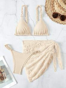 Swim Mod Women's Summer Beach Solid Color Ruched Bikini Set With Coverup And Skirt - Apricot - View 1