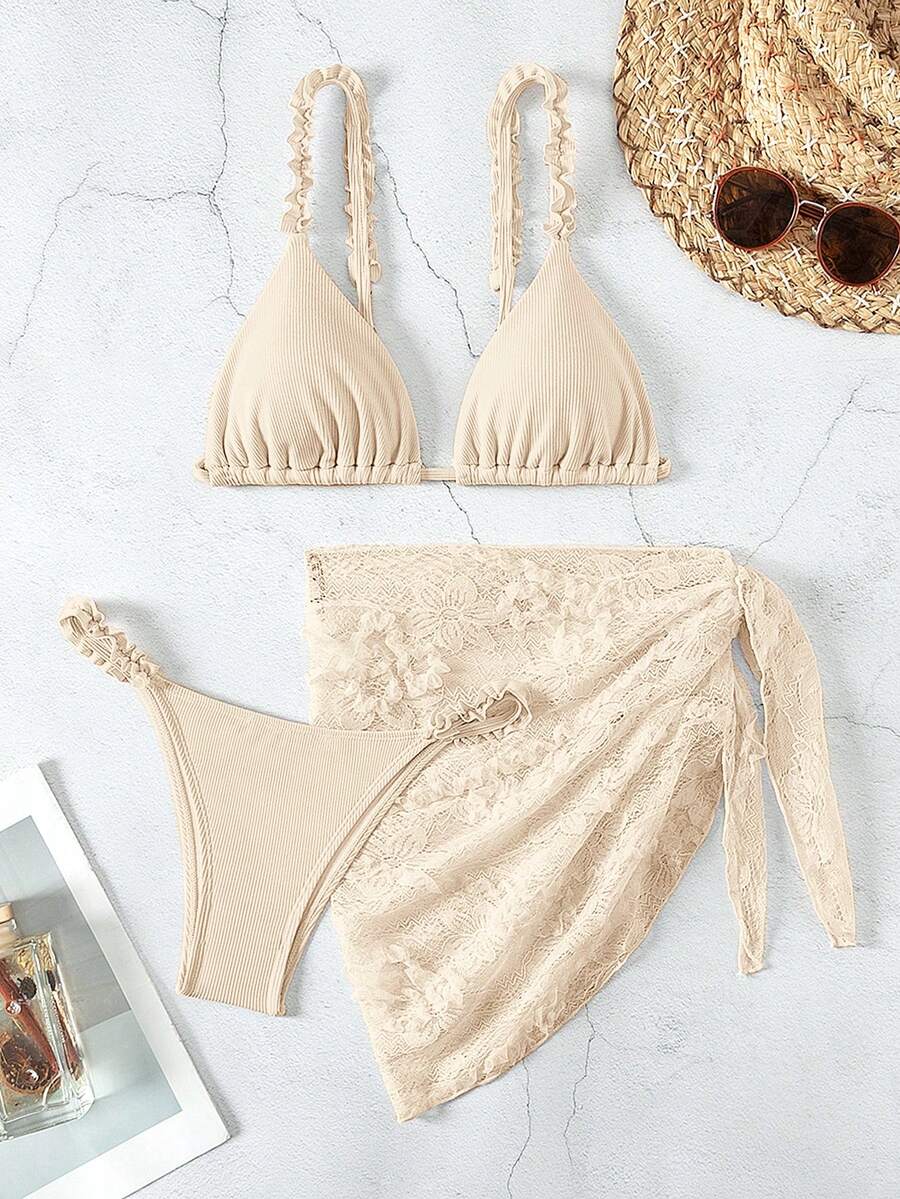 Swim Mod Women's Summer Beach Solid Color Ruched Bikini Set With Coverup And Skirt - Apricot - View 1