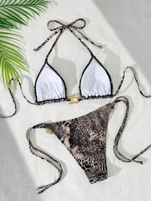 Bonvoyette Women's Sexy Halter Lace Metal Ring Two Pieces Swimwear, Elegant Romantic Beach Vacation Swimwear Set, Spring/Summer - Multicolor - View 2