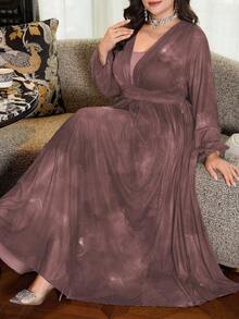Modelyn Vestido largo elegante y casual de mujer de talla grande con cuello redondo, parches de malla, textura de punto y pliegues, para primavera/verano - Rosa - Ver 1