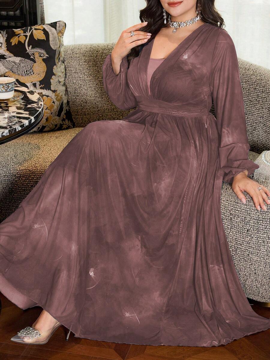 Modelyn Vestido largo elegante y casual de mujer de talla grande con cuello redondo, parches de malla, textura de punto y pliegues, para primavera/verano - Rosa - Ver 1