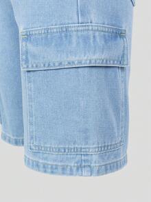 SHEIN Girls' Denim Shorts, New Summer Collection, Light Wash Denim Cargo Shorts With Elastic Waist, Side Pockets, Loose Straight Leg, Versatile For Daily, School, Commute, Vacation, Outdoor Occasions - Light Wash - View 7