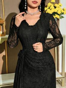 Modelyn Vestido de fiesta elegante con cintura fruncida, parches de encaje y volantes para mujer - Negro - Ver 6