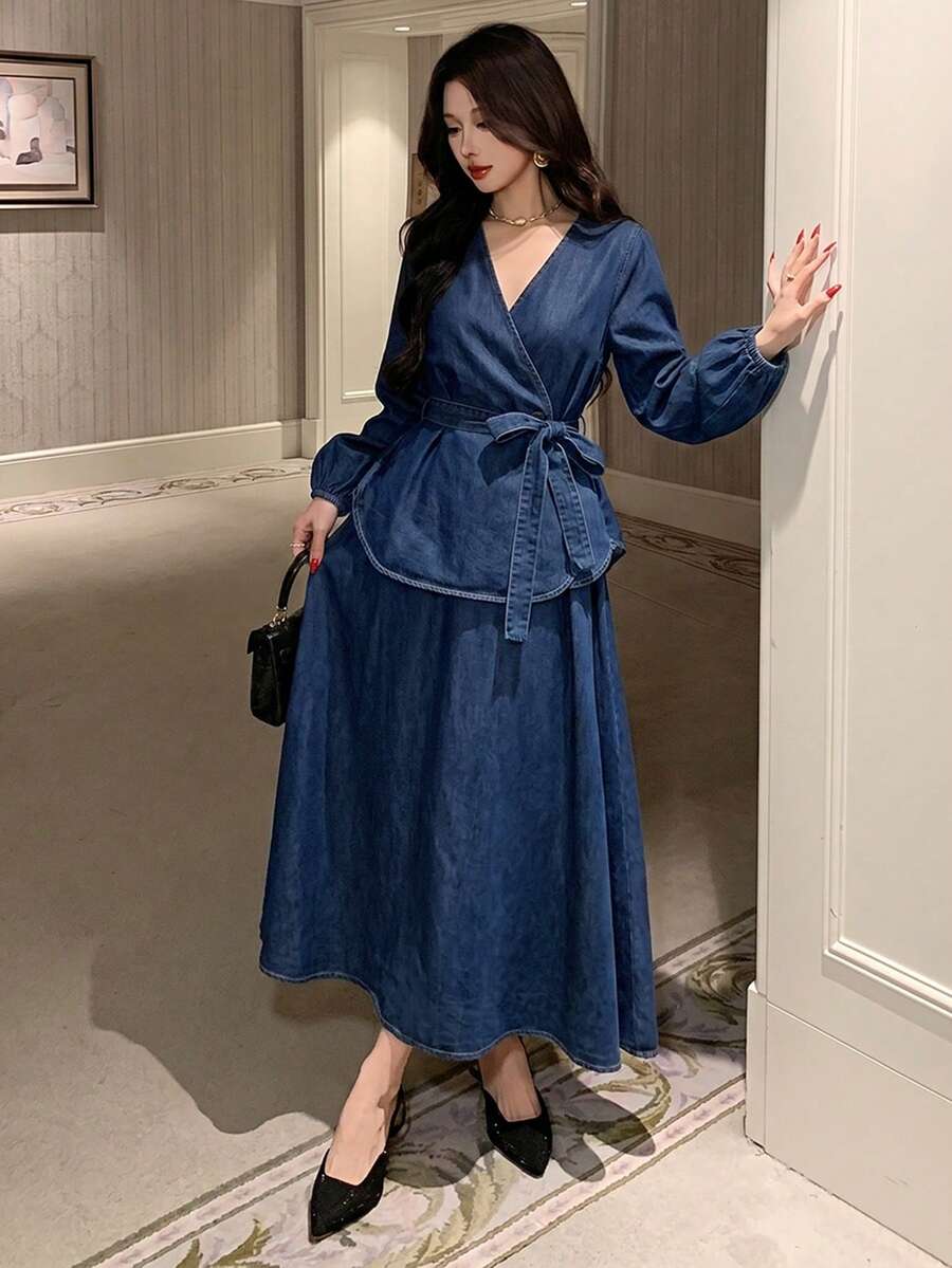DAZY Women's Elegant Solid Color V-Neck Belted Shirt And A-Line Skirt 2-Piece Set, Spring/Summer - Blue - View 1