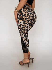 SHEIN SXY Women's Leopard Print Contrast Lace 3/4 Length Leggings - Multicolor - View 3